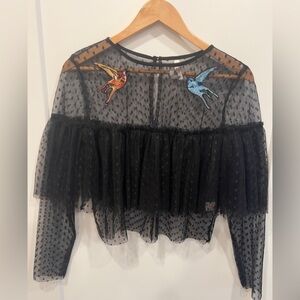 True Destiny Black Sheer Top with Embroidered Birds
